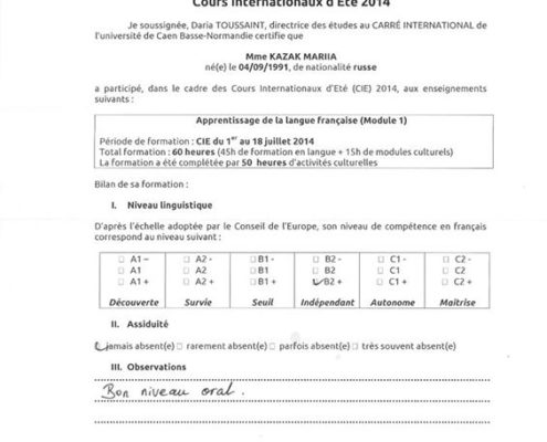 Attestation participation cours internationaux Université Caen - FormaRusse