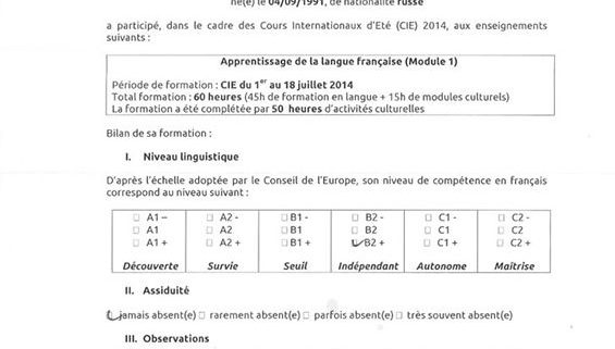 Attestation participation cours internationaux Université Caen - FormaRusse